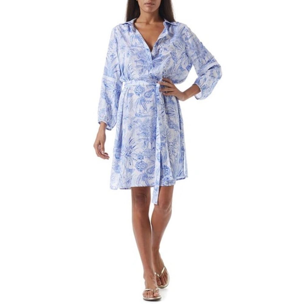 Melissa Odabash Missie Blue Floral Print‎ Cover-Up Shirt Dress Size XS NWT